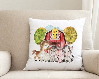 Farm Animals Nursery Throw Pillow, Barnyard Farmhouse Kids Bedroom Decor Baby Shower Gift Cow Pig Chicken Horse Sheep P330