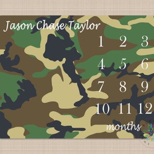 Camoflauge Mliestone Blanket Army Camo Military Monthly Growth Tracker Personalized Name Baby Shower Gift Bedding Nursery Decor B280