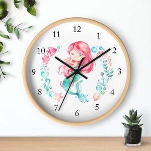 Mermaid Wall Clock,  Watercolor Mermaid Nursery Wall Clock, Baby Girl Bedroom Wall Decor T129