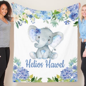 Elephants Baby Boy Blanket Watercolor Blue Floral Hydrangea