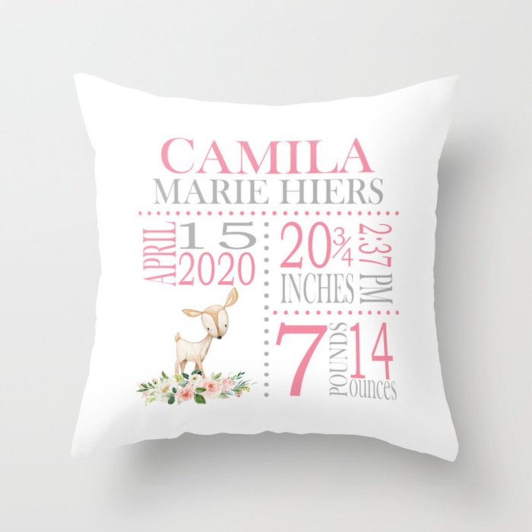 Deer Floral Girl Birth Announcement Pillow Personalized Birth Stats ...