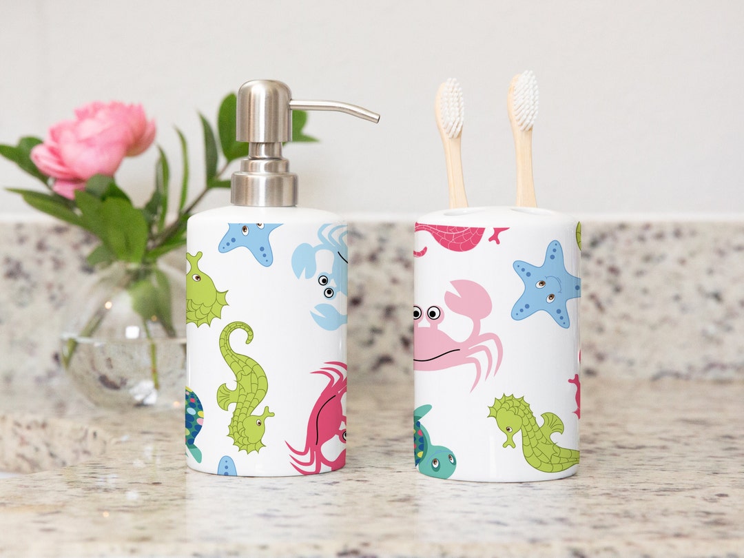 Sea Animals Under the Sea Turtles Toothbrush Holder and Soap Dispenser Set,  Fish Crab Turtle Sea Horse Kids Brothers Bathroom Decor P130 - Etsy, image size:1080x810