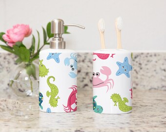 Sea Animals  Under The Sea Turtles Toothbrush Holder and Soap Dispenser Set, Fish Crab Turtle Sea Horse Kids Brothers Bathroom Decor P130