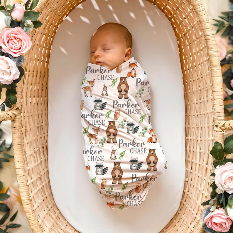 Woodland Animals Blanket, Personalized Baby Boy Name, Green Leaves Forrest