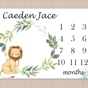 Milestone Blanket Baby Boy Girl Personalized Blanket Monthly Growth Tracker Lion  Safari Animals Newborn Photo Prop Baby Shower Gift 601