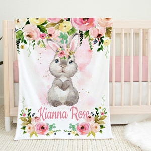 Bunny Rabbit Baby Girl Name Blanket Blush Pink Floral Blanket Newborn Baby Girl Monogram Flowers Baby Shower Gift Bunny  B1293