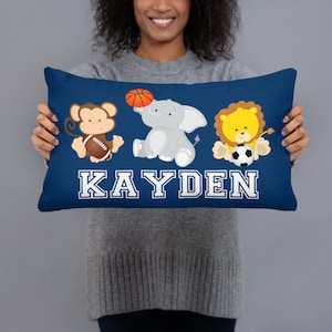 Safari Animals Sports Throw Pillow Future All Star Navy Blue Sports Nursery Decor Lion Monkey Elephant Animals Kids Room  20x12 inch P170