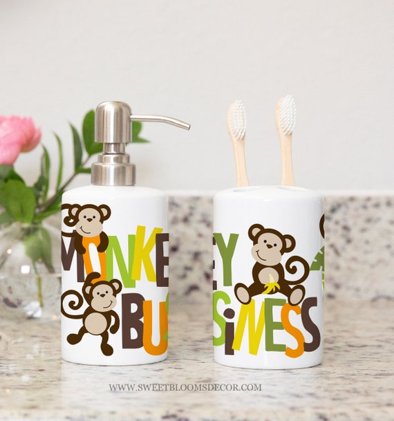 Monkeys Toothbrush Holder and Soap Dispenser Set Kids Brothers