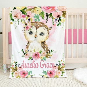 Owl Floral Baby  Blanket, Personalized Blush Pink Watercolor Flowers Roses, Owls Girl Name Blanket, Baby Shower Gift, Newborn Gift  B1268