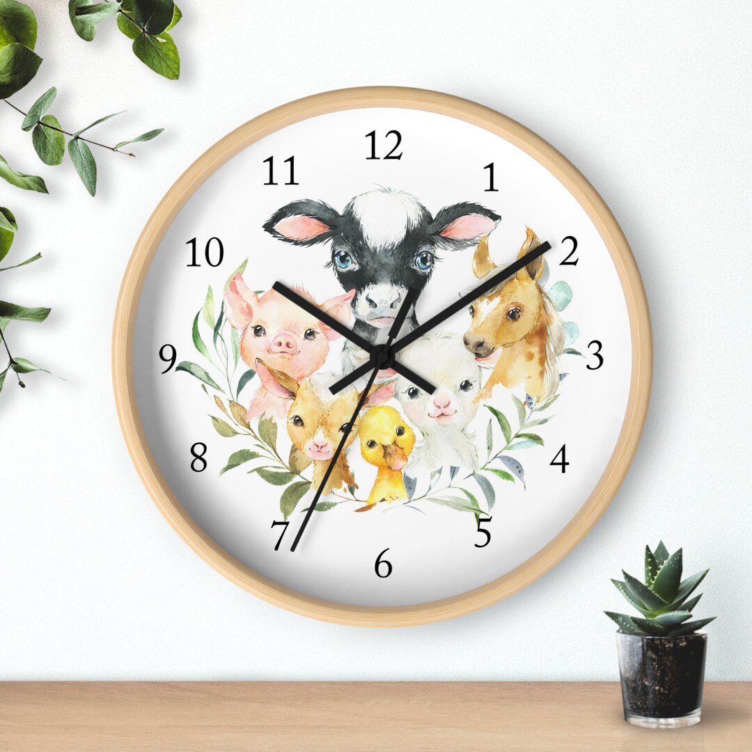 Farm Animals Nursery Wall Clock, Watercolor Farm Barnyard Kids Wall