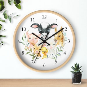 Farm Animals Nursery Wall Clock, Watercolor Farm Barnyard  Kids Wall Clock, Bedroom Decor, Cow Pig Horse Chicken Goat Bunny T152