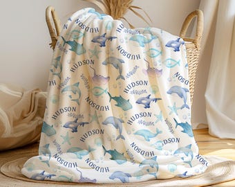 Personalized Sea Animals Blanket, Under The Sea Baby Boy Blanket , Watercolor Blue  Whale Shark Fish Dolphin , Ocean Baby Shower Gift  B1789