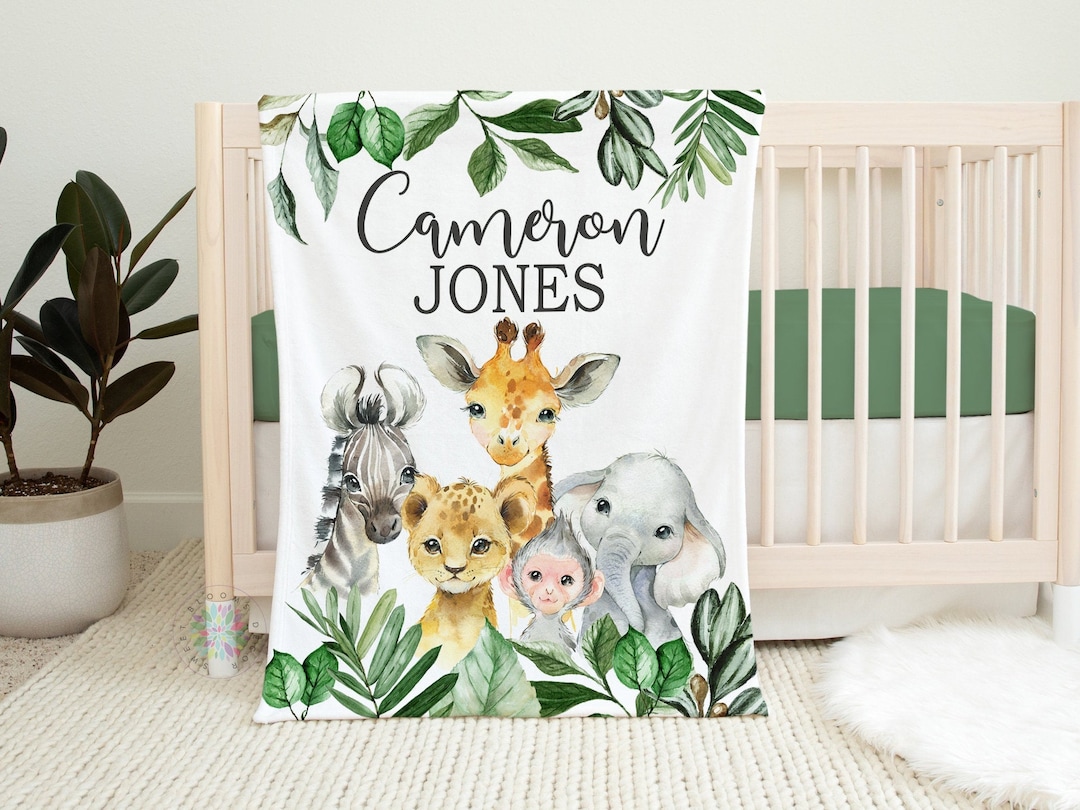 Safari Animals Baby Boy Name Blanket, Jungle Greenery Leaves Forest ...