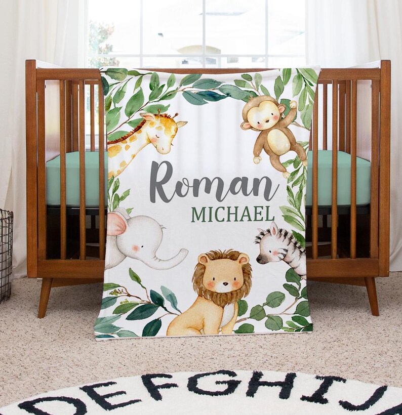 Safari Animals Baby Blanket, Jungle Greenery Personalized Blanket ...