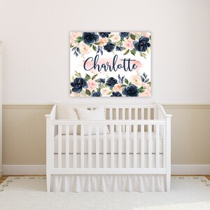 Navy Blush Pink Floral Girl Nursery Name Sign Flowers Over the Wall Art ...