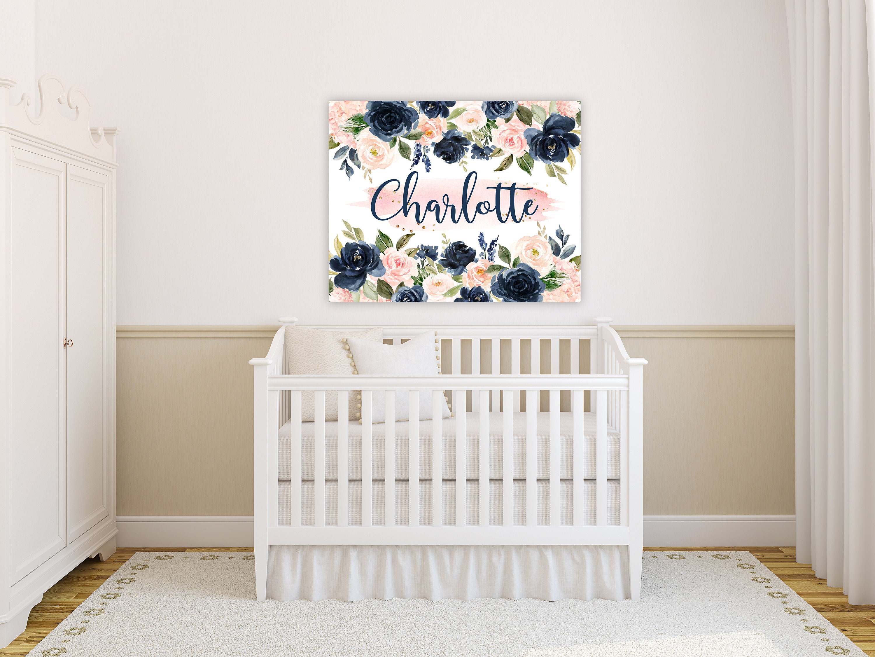 Navy Blush Pink Floral Girl Nursery Name Sign Flowers Over the Wall Art ...