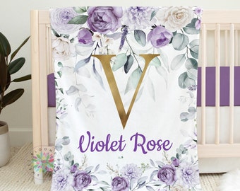 Purple Floral  Baby Blanket, Personalized Girl Name Lavender Violet Gold Eucalyptus Newborn  Girl Baby Shower Gift, Nursery Bedding  B1671