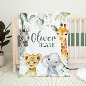 Safari Animals Baby Blanket, Jungle Greenery Personalized Boy Girl Name Eucalyptus Leaves Newborn Baby Shower Gift Toddler Nursery  B1636