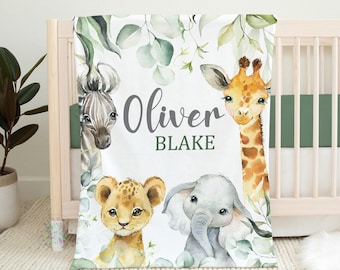 Safari Animals Baby Blanket, Jungle Greenery Personalized Boy Girl Name Eucalyptus Leaves Newborn Baby Shower Gift Toddler Nursery  B1636