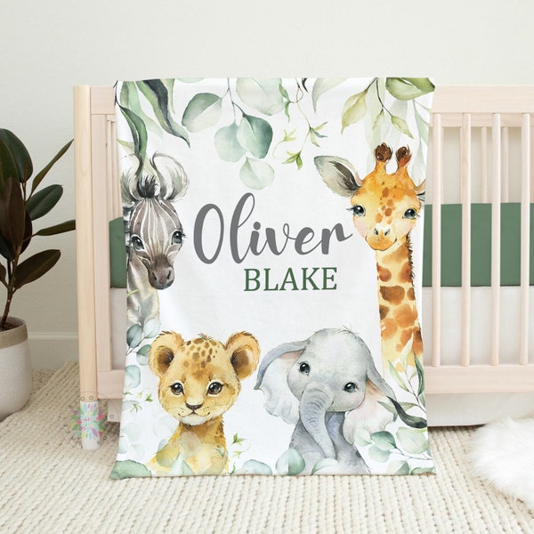 Safari Animals Baby Blanket, Jungle Greenery Personalized Boy Girl Name Eucalyptus Leaves Newborn Baby Shower Gift Toddler Nursery  B1636