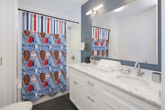 Baseball Shower Curtain Baseball Bathroom Decor Red Navy Blue Etsy