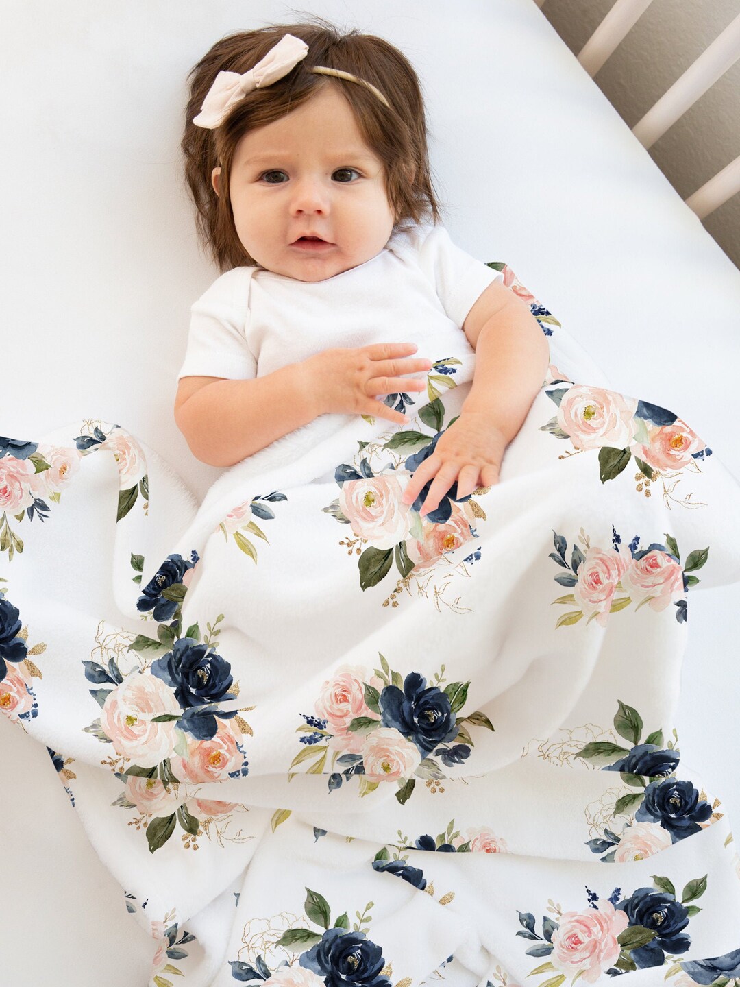 Floral Baby Girl Blanket Blush Pink Navy Blue Watercolor Etsy