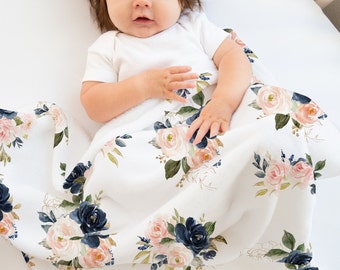 Floral Baby Girl Blanket, Navy Blue Blush Pink Watercolor Flowers ...