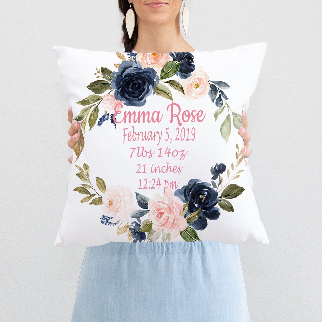 Blush Pink Navy Floral Pillow, Girl Birth Announcement Pillow ...