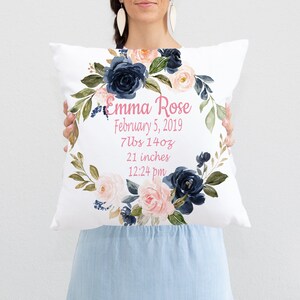 Blush Pink Navy Floral Pillow, Girl Birth Announcement Pillow Personalized Birth Stats  Baby Shower Gift Nursery Decor  Newborn Gift 295