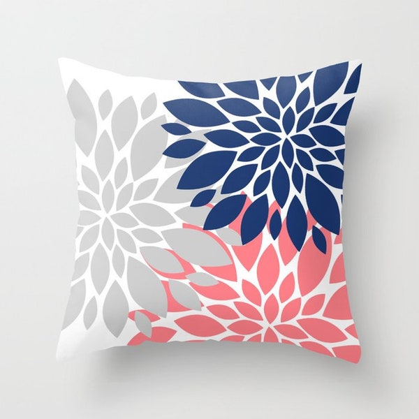 Floral Throw Pillow, Coral Navy Gray Dahlia Flowers Accent Pillow, Decorative Modern Home Decor, Couch Pillow Cushion