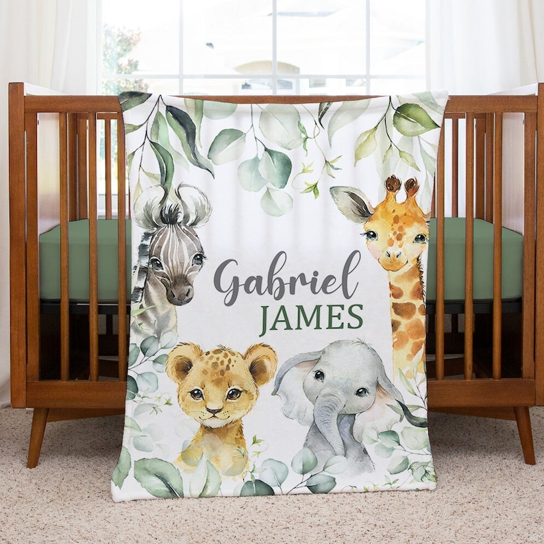 Safari Animals Baby Blanket, Jungle Greenery Personalized Boy Girl Name ...