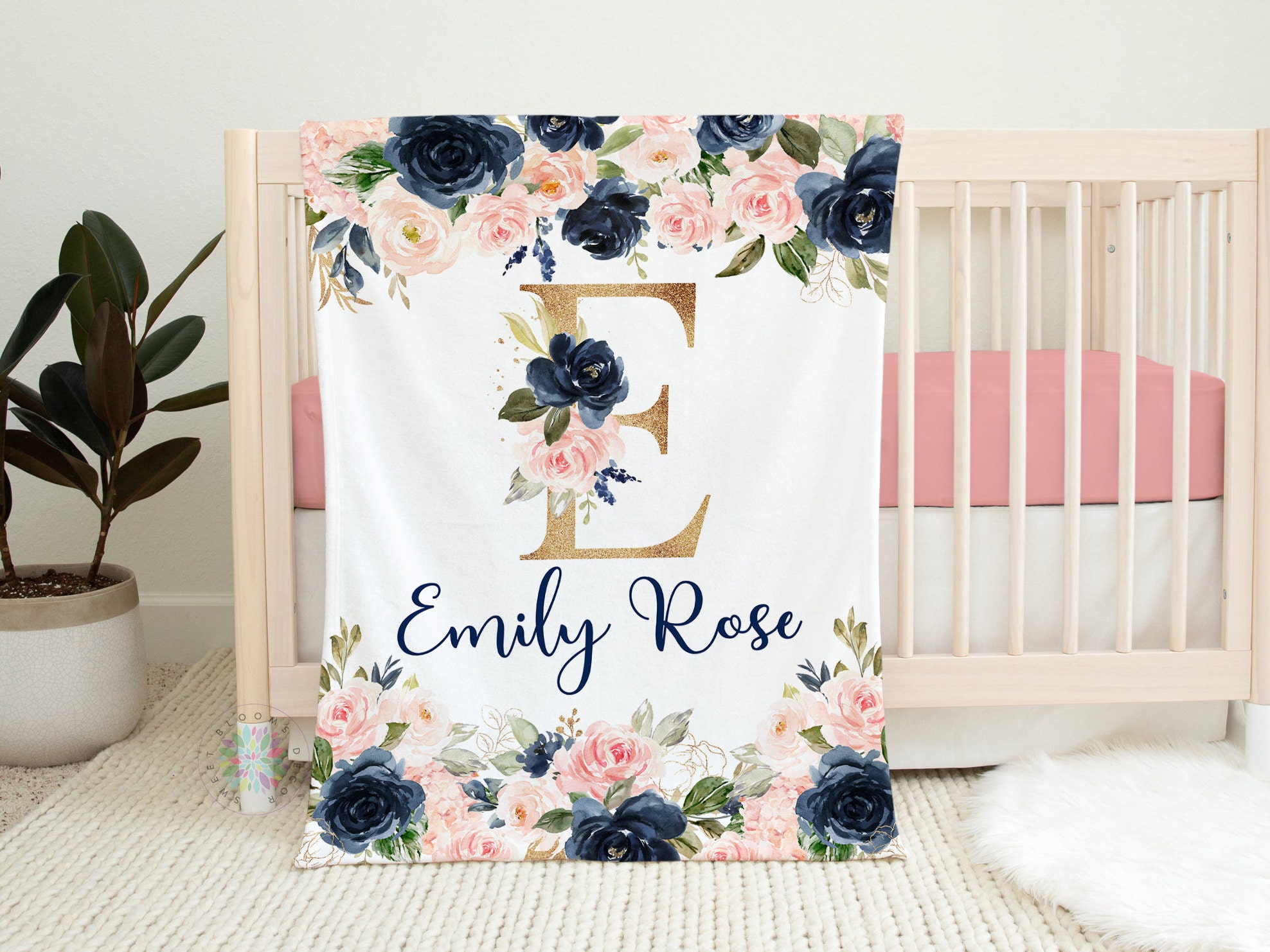 Blush Pink Navy Blue Gold Watercolor Floral Nursery Bedding Set: Fitted ...