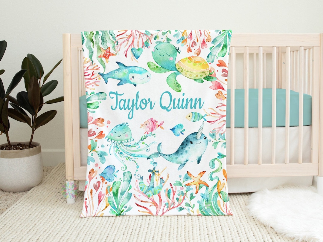 Sea Animals Baby Blanket, Personalized Under the Sea Turtle Jelly Fish ...