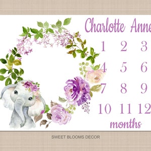 Purple Floral Elephant Milestone Blanket Lavender Lilac Flowers Watercolor Roses Personalized Newborn Baby Girl Shower Gift B1150