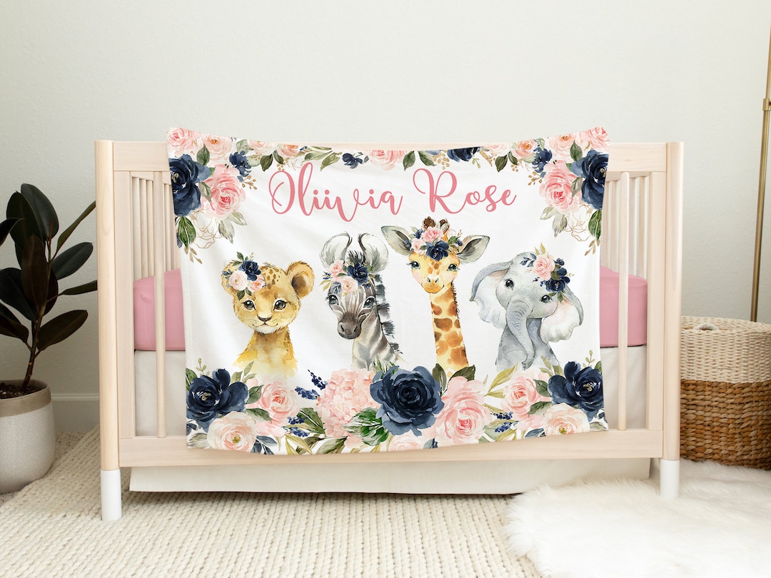 Animals Baby Girl Floral Blanket, Blush Pink Navy Flowers Safari Jungle ...