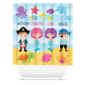 Mermaids Pirates Sea Animals Shower Curtain, Siblings Brother Sister Kids Bathroom Decor Turtle Starfish Octopus Crab Fish Under The Sea 108