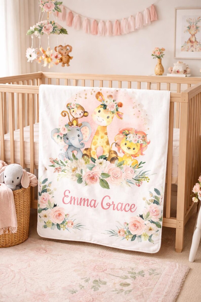 Personalized Safari Animals Baby Girl Blanket – Floral Jungle Nursery ...