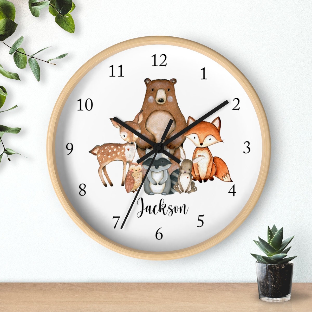 Woodland Animals Wall Clock, Animals Name Nursery Wall Clock, Girl Boy ...