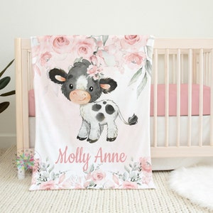 Cow Blanket, Personalized Baby Girl Farm Animals Blanket, Blush Pink Flowers, Nursery Bedding Decor, Newborn Baby Shower Gift  B1656