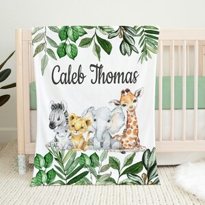 Safari Animals Baby Name Blanket, Jungle Zoo Animals Greenery Leaves Personalized Baby Boy Blanket, Newborn Baby Shower Gift  B1531