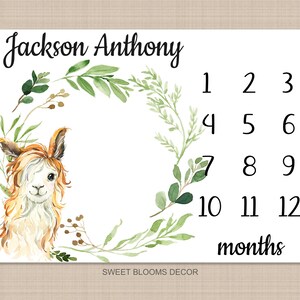 Llama Baby Boy Milestone Blanket Monthly Growth Tracker Newborn Green Leaves Name Baby Shower Gift B1020