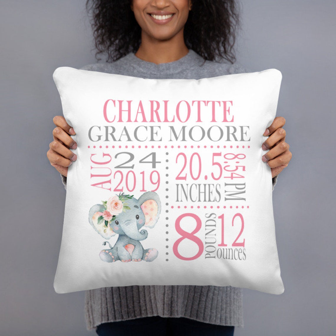 Elephant Girl Birth Announcement Pillow Floral Personalized - Etsy