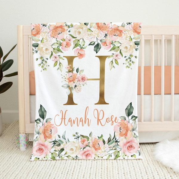 Peach Floral Girl Name Blanket, Watercolor Flowers Roses Gold Blush Pink Baby Girl Personalized Blanket, Baby Shower Gift  B1490