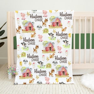 Farm Blanket, Personalized Baby Boy Girl Farm Animals Blanket, Farmhouse Cow Horse Sheep Pig Chicken Barnyard Newborn Baby Shower Gift  1651