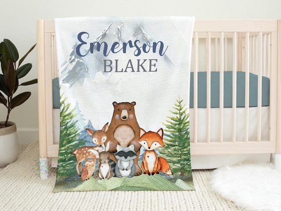 Woodland Animals Blanket Mountains Personalized Baby Boy Name Pine Trees Forrest Bear Fox Raccoon Deer Bunny Owl Baby Shower Gift B1641