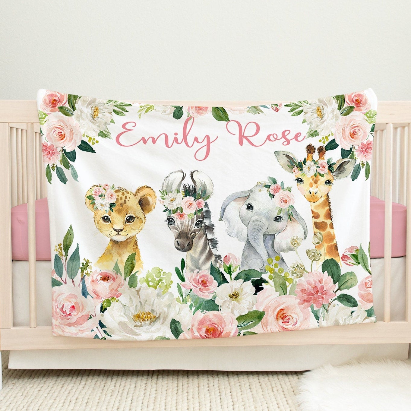 Animals Baby Girl Floral Blanket Blush Pink Flowers Safari | Etsy