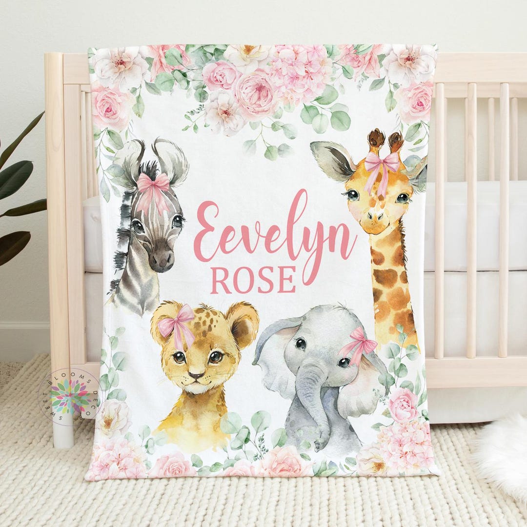 Safari Animals Pink Bows Blanket, Blush Pink Flowers Bows, Animals Baby ...