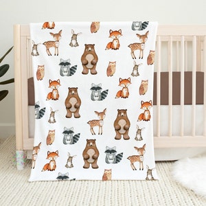 Woodland Baby Blanket, Woodland Animals Bear Owl Deer Raccoon Rabbit Nursery , Newborn Baby Shower Gift B1026
