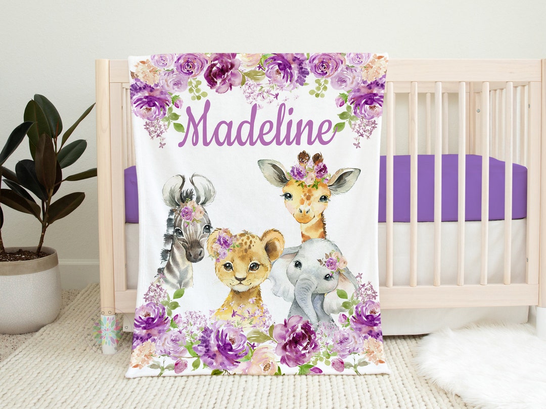 Safari Animals Floral Girl Name Blanket, Purple Lavender Lilac Flowers ...
