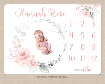 Pink Floral Milestone Blanket, Blush Pink Watercolor Flowers Monthly Milestone Growth Tracker Newborn Baby Girl Name Baby Shower Gift B1434